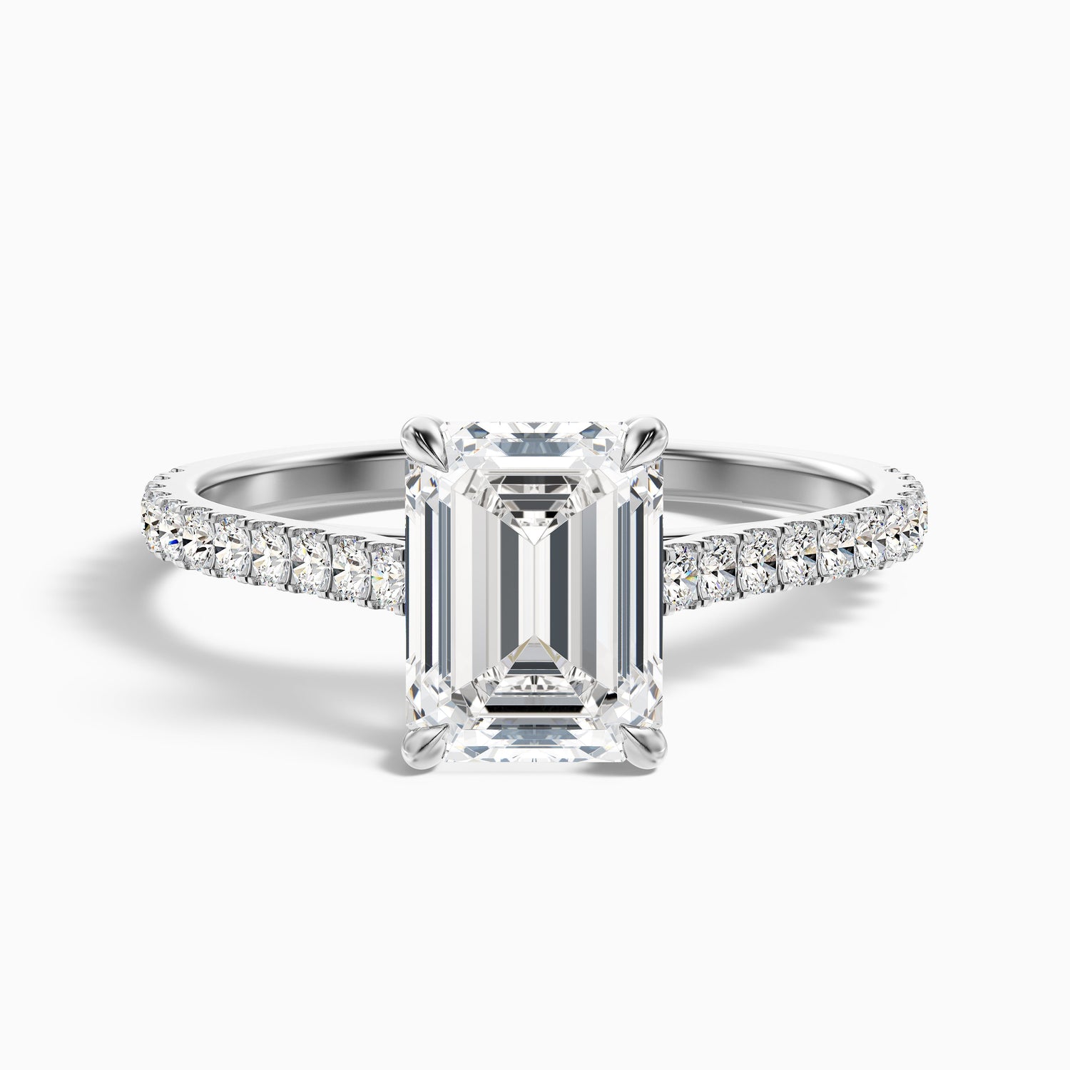 Macy 5 Carat Emerald Cut Side Stone Pave Moissanite Diamond Ring in 14k Rose Gold
