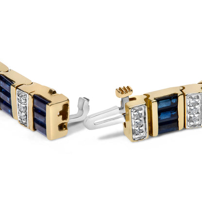 14K Yellow Gold 2/5 Cttw Diamond &amp; 8.0 Cttw Baguette Cut Blue Sapphire Alternating Link Bracelet (G-H Color, VS1-VS2 Clarity) - 7" Inches