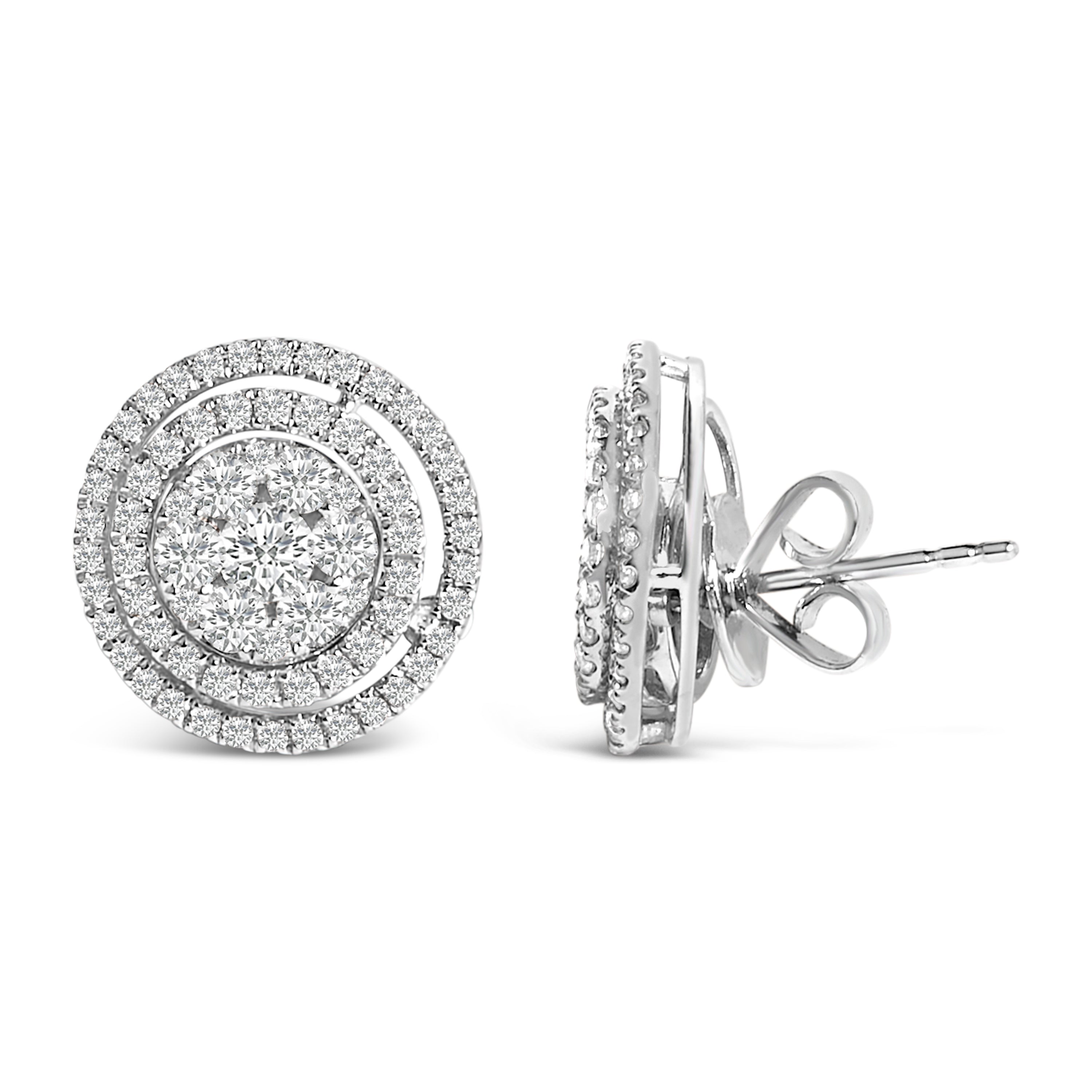 14K Gold 1 3/8 Cttw Diamond Cluster and Double Halo Stud Earring (G-H Color, SI1-SI2 Clarity) by Bids.com