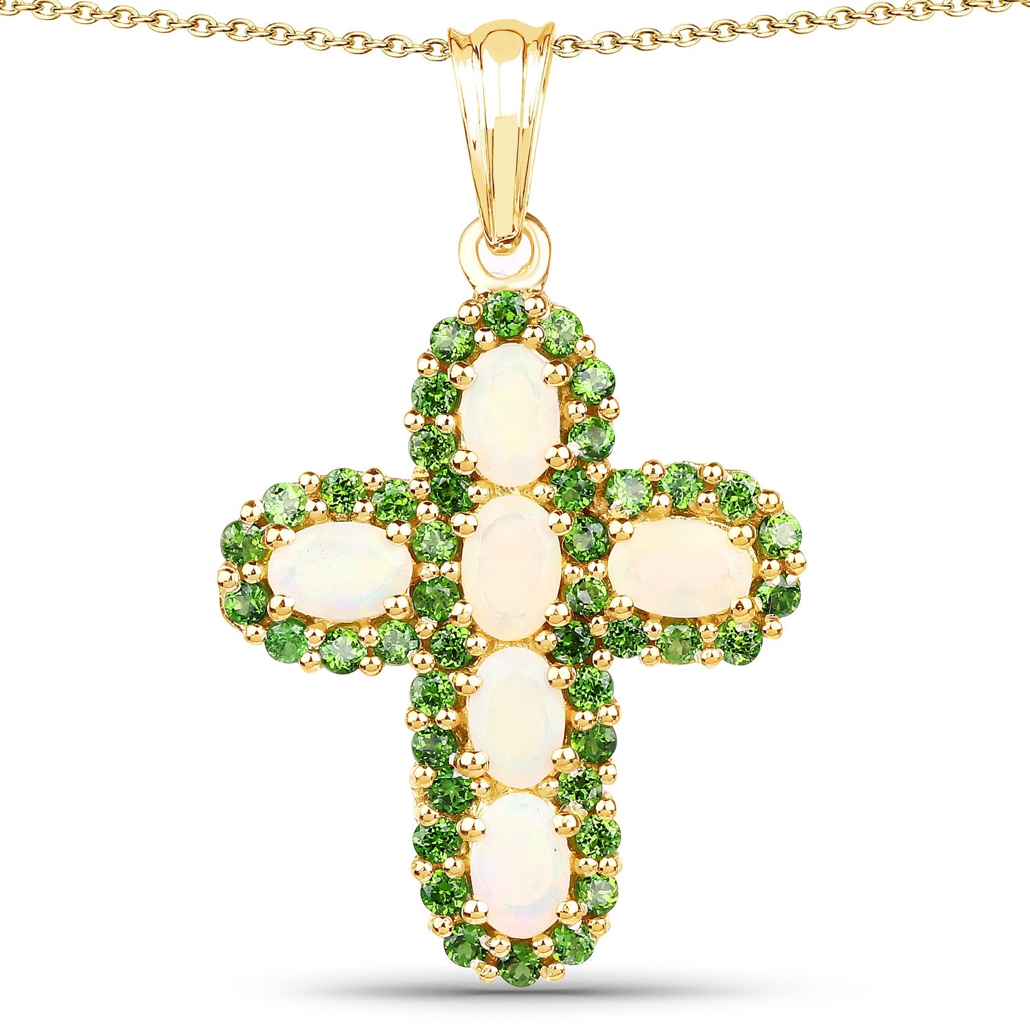 14K Yellow Gold Plated 3.11 Carat Genuine Ethiopian Opal and Chrome Diopside .925 Sterling Silver Pendant by Bids.com