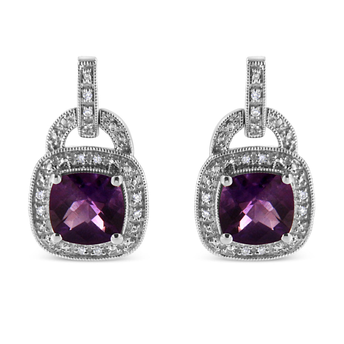 .925 Sterling Silver 8MM Natural Cushion Shaped Amethyst and Diamond Accent Halo with Push Back Dangle Earrings (I-J Color, I2-I3 Clarity) by Bids.com