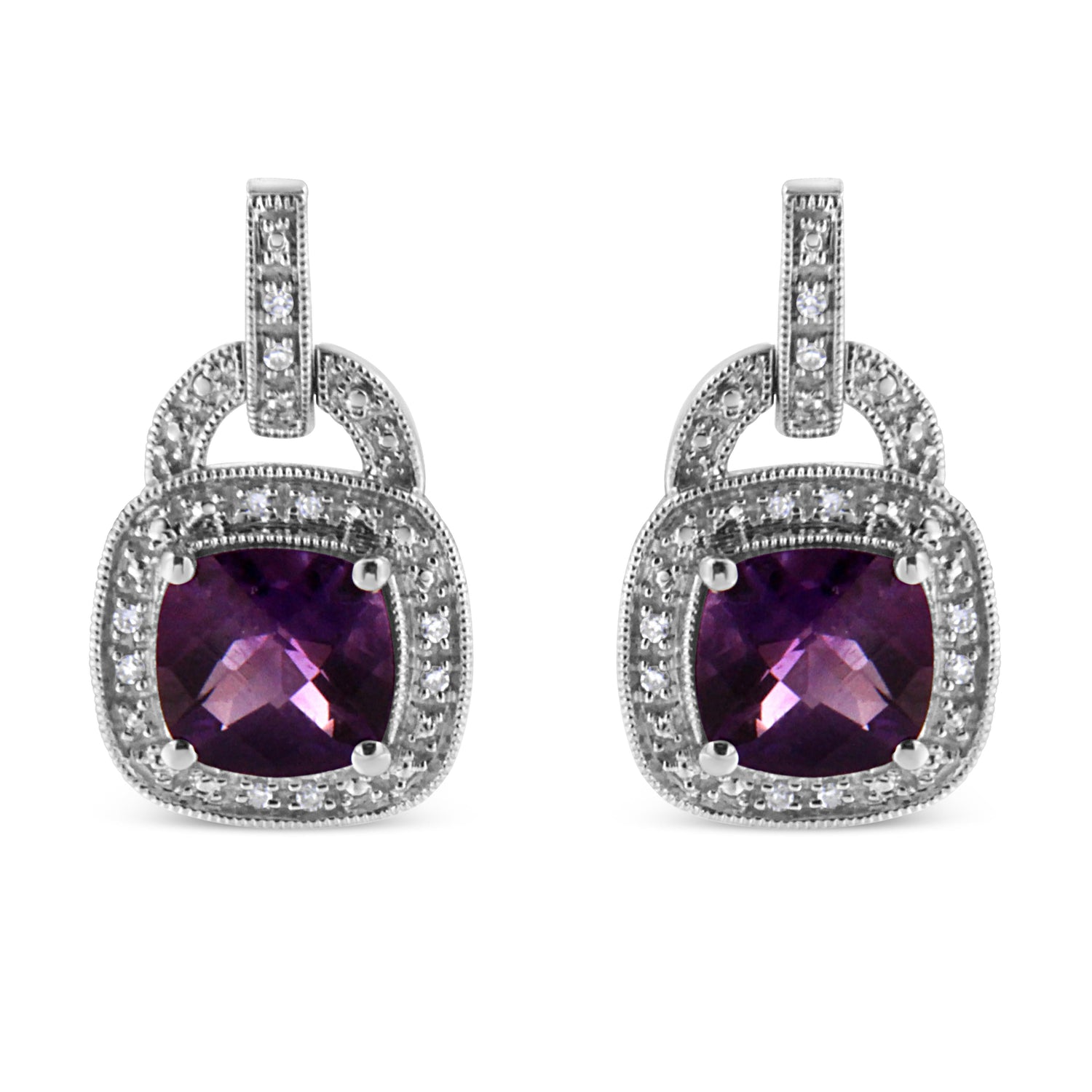 .925 Sterling Silver 8MM Natural Cushion Shaped Amethyst and Diamond Accent Halo with Push Back Dangle Earrings (I-J Color, I2-I3 Clarity) by Bids.com