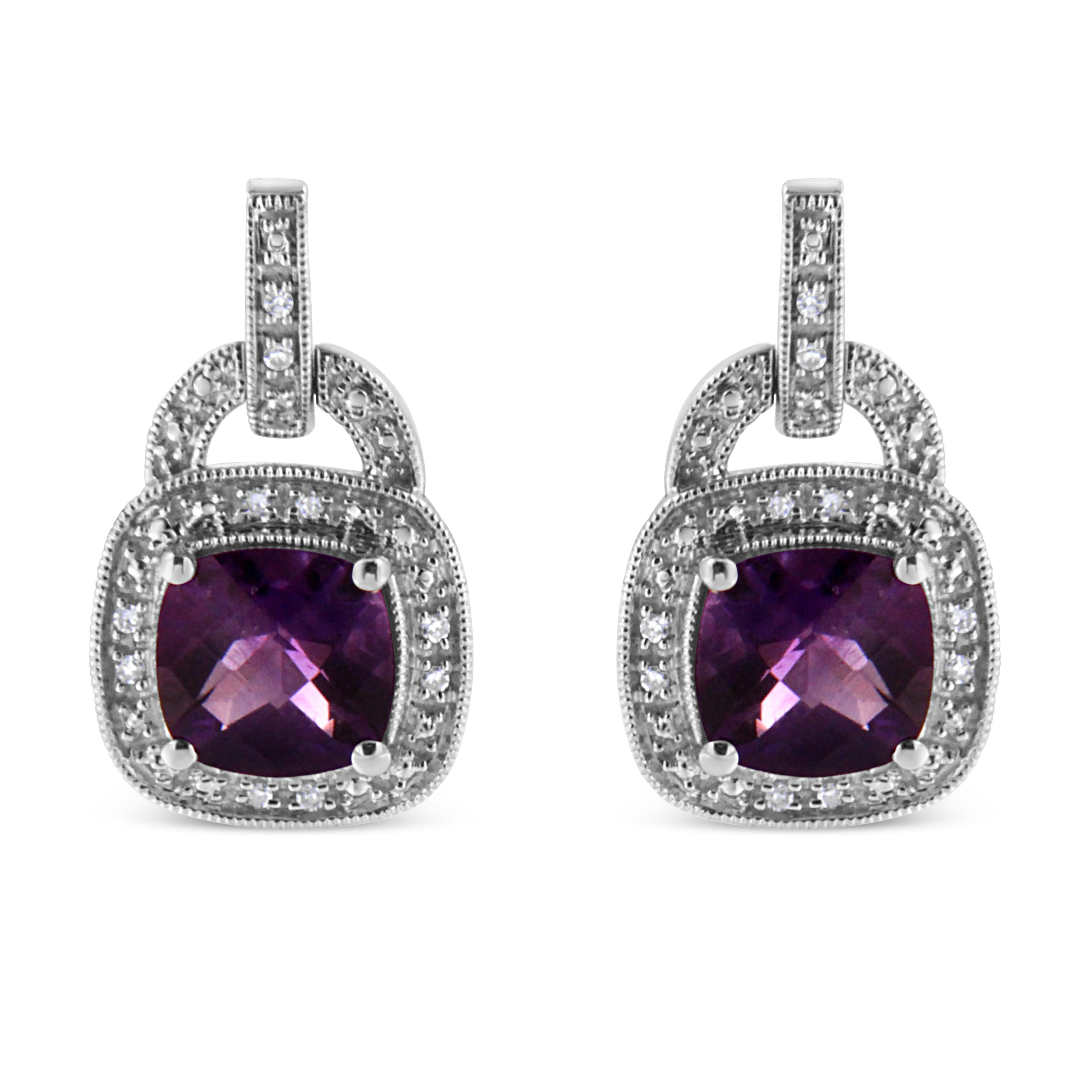 .925 Sterling Silver 8MM Natural Cushion Shaped Amethyst and Diamond Accent Halo with Push Back Dangle Earrings (I-J Color, I2-I3 Clarity) by Bids.com