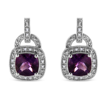 .925 Sterling Silver 8MM Natural Cushion Shaped Amethyst and Diamond Accent Halo with Push Back Dangle Earrings (I-J Color, I2-I3 Clarity) by Bids.com