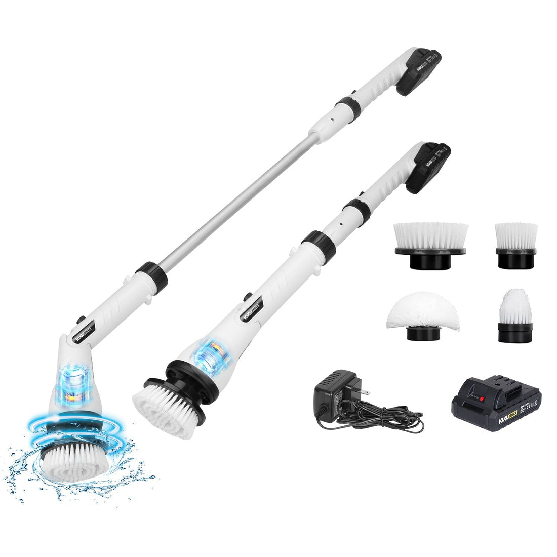 Electric Spin Scrubber Cordless Handheld Rechargeable Cleaning Brush with 4 Replaceable Heads 600/1000RPM Speeds 26/50in Length 20V/2.0Ah Battery for 