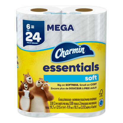 Charmin Essentials Soft Toilet Paper, 6 Mega Rolls (330 Sheets/Roll)  DestGlow