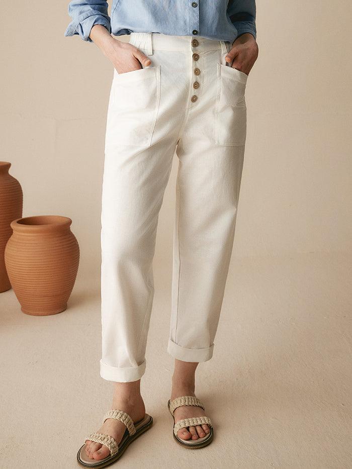 Linen Simple Button Fly Trousers HEIDI by LINTICO