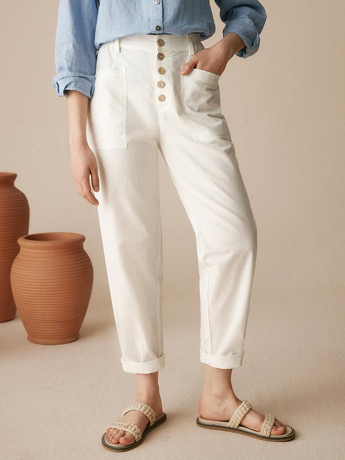 Linen Simple Button Fly Trousers HEIDI by LINTICO