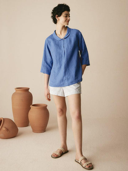 100% Linen Shawl V-Neck Half Sleeve Top JADE by LINTICO