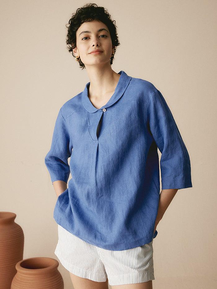 100% Linen Stripe Shawl V-Neck Half Sleeve Top by LINTICO