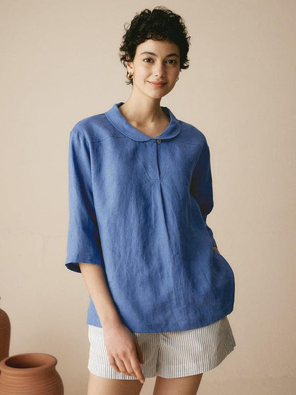 100% Linen Shawl V-Neck Half Sleeve Top JADE by LINTICO