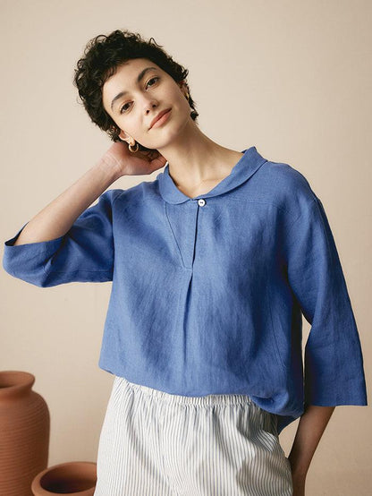 100% Linen Stripe Shawl V-Neck Half Sleeve Top by LINTICO