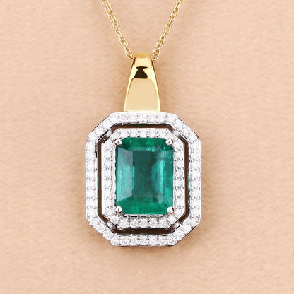 IGI Certified 2.37 Carat Genuine Zambian Emerald and White Diamond 14K Yellow &amp; White Gold Pendant