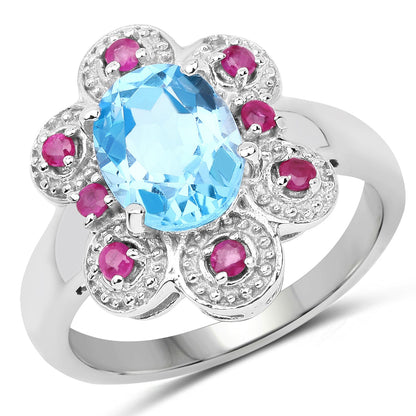 2.28 Carat Genuine Swiss Blue Topaz and Ruby .925 Sterling Silver Ring by Bids.com