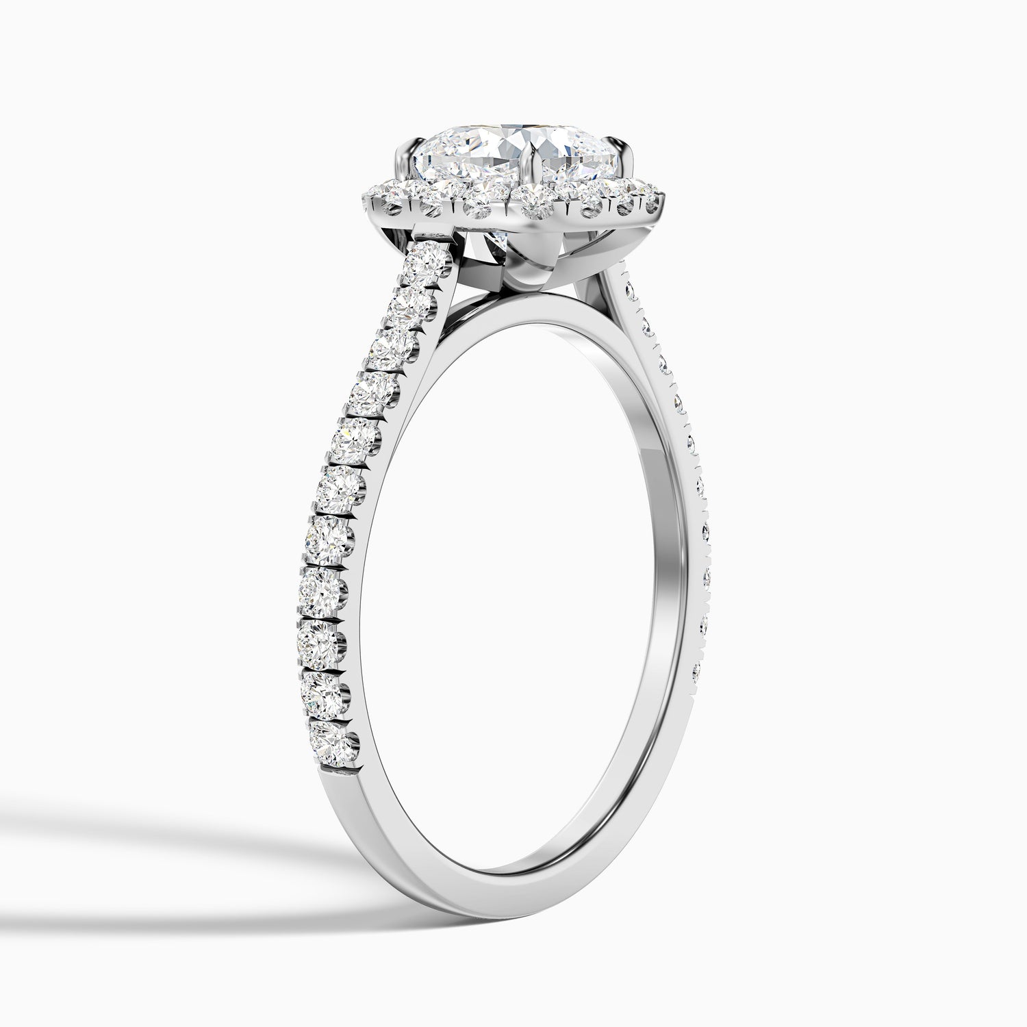 Lily 10 Carat Cushion Cut Halo Pave Moissanite Diamond Ring in 18k White Gold