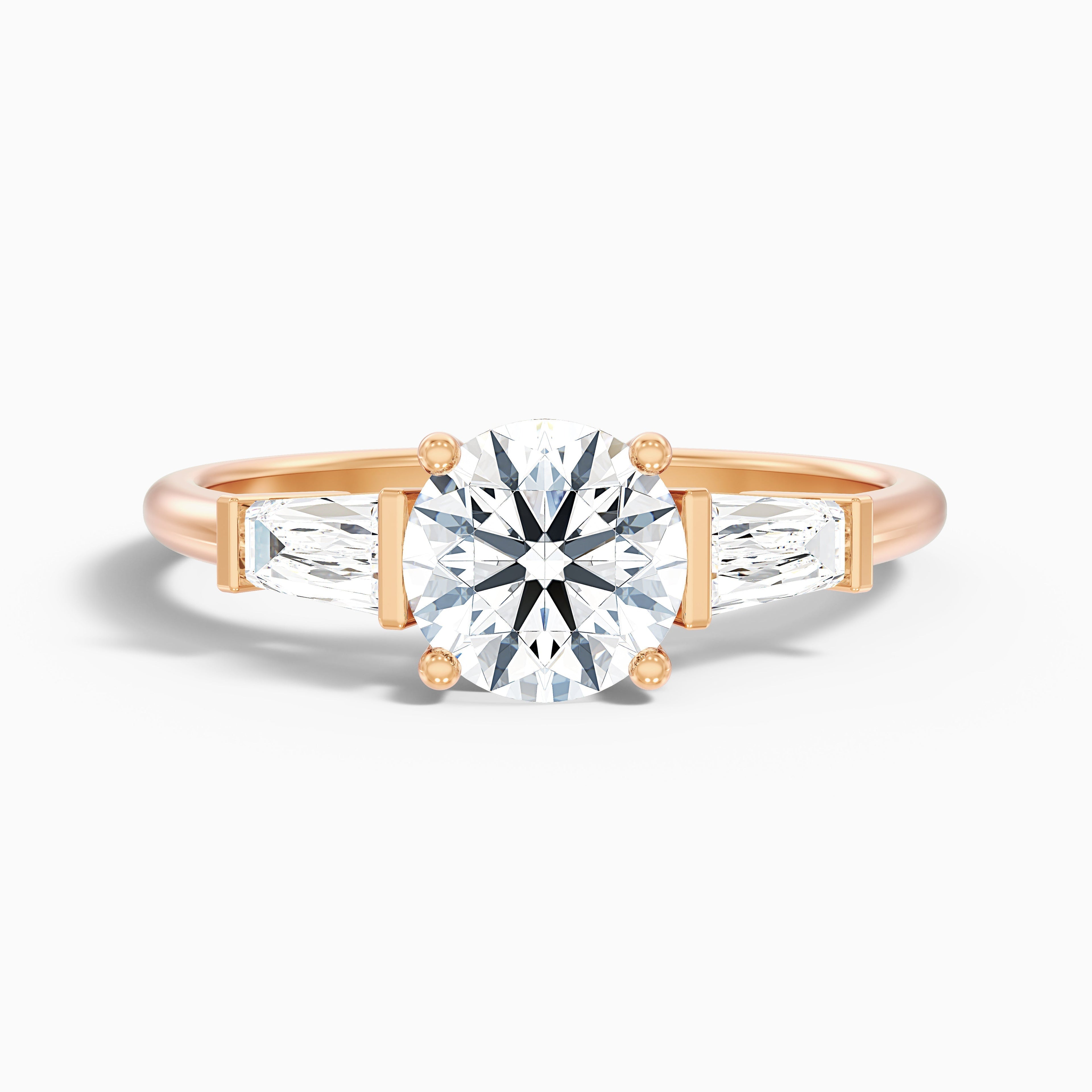 Hope 3 Carat Round 3 Stone Moissanite Diamond Ring With Side Baguette Diamonds in 14k Yellow Gold