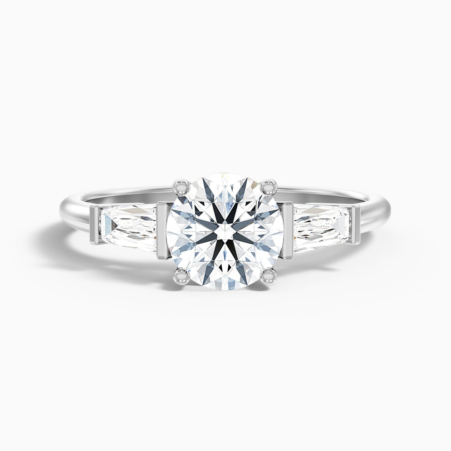 Carly 3 Carat Round 3 Stone Lab Grown Engagement Ring With Side Baguette Diamonds in 14k Rose Gold  DestGlow
