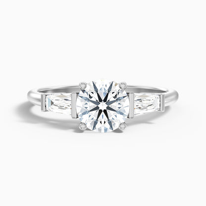 Kia 9 Carat Round 3 Stone Moissanite Diamond Ring With Side Baguette Diamonds in 925 Sterling Silver