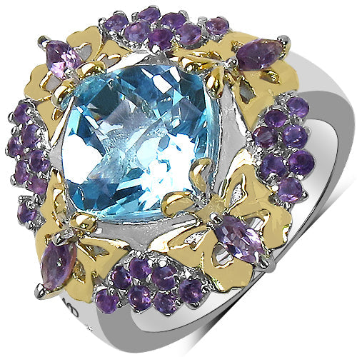 5.66 Carat Genuine Blue Topaz, Amethyst &amp; White Diamond .925 Sterling Silver Ring by Bids.com