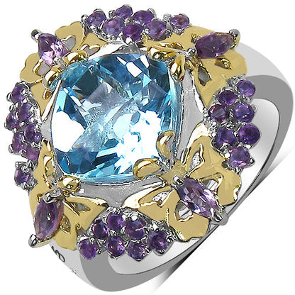 5.66 Carat Genuine Blue Topaz, Amethyst &amp; White Diamond .925 Sterling Silver Ring by Bids.com