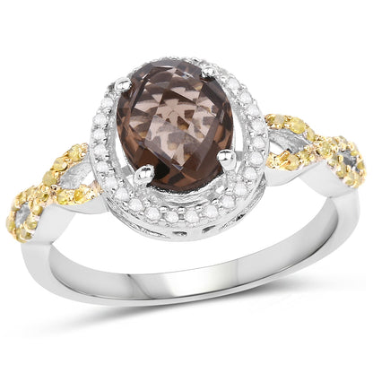 1.90 Carat Genuine Smoky Quartz, Yellow Diamond &amp; White Diamond .925 Sterling Silver Ring by Bids.com