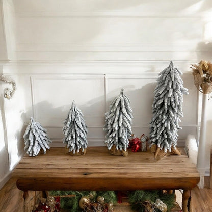 Snow Covered Christmas Trees - Set of 4 Realistic Faux Trees with Jute Base
