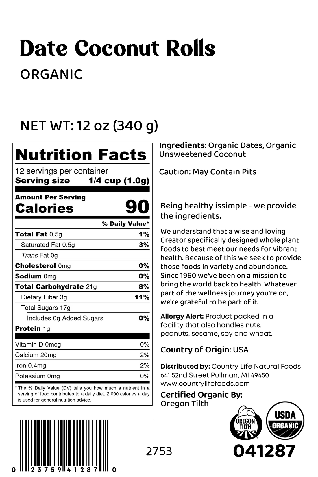 Date Coconut Roll, Organic by Country Life Natural Foods