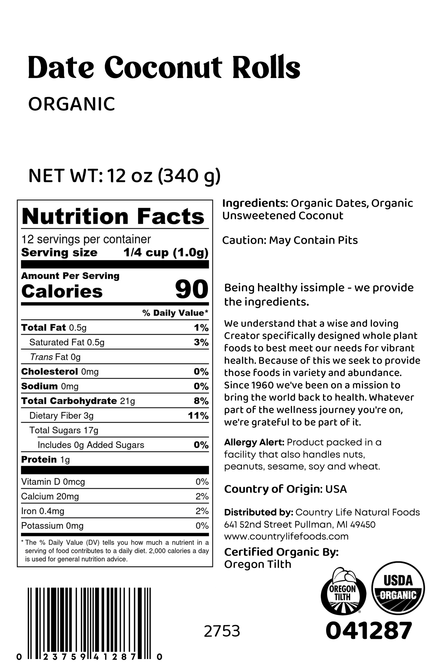 Date Coconut Roll, Organic by Country Life Natural Foods