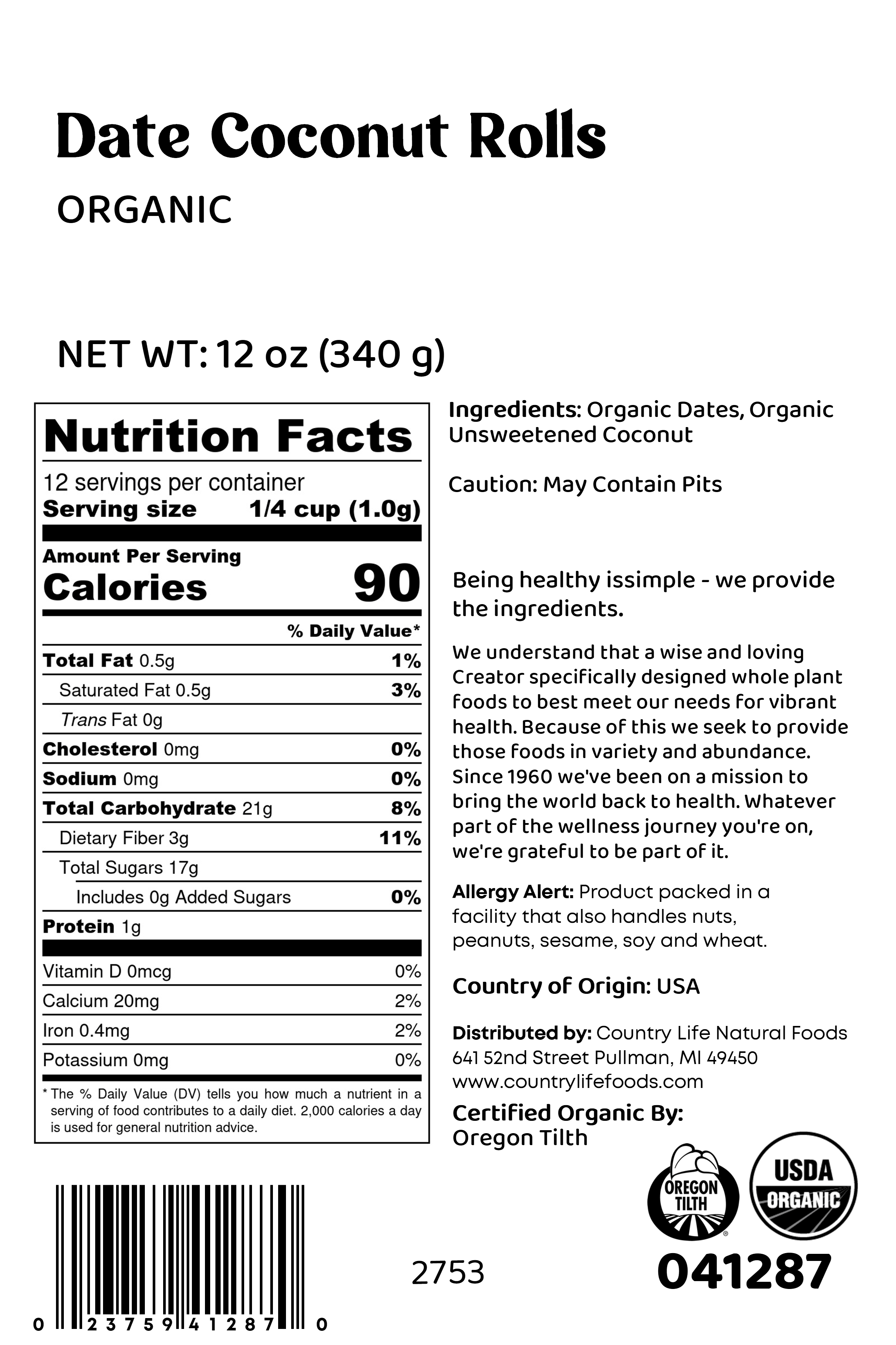 Date Coconut Roll, Organic by Country Life Natural Foods
