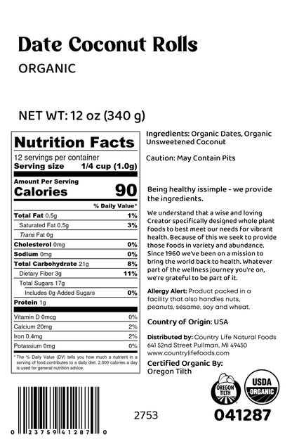 Date Coconut Roll, Organic by Country Life Natural Foods
