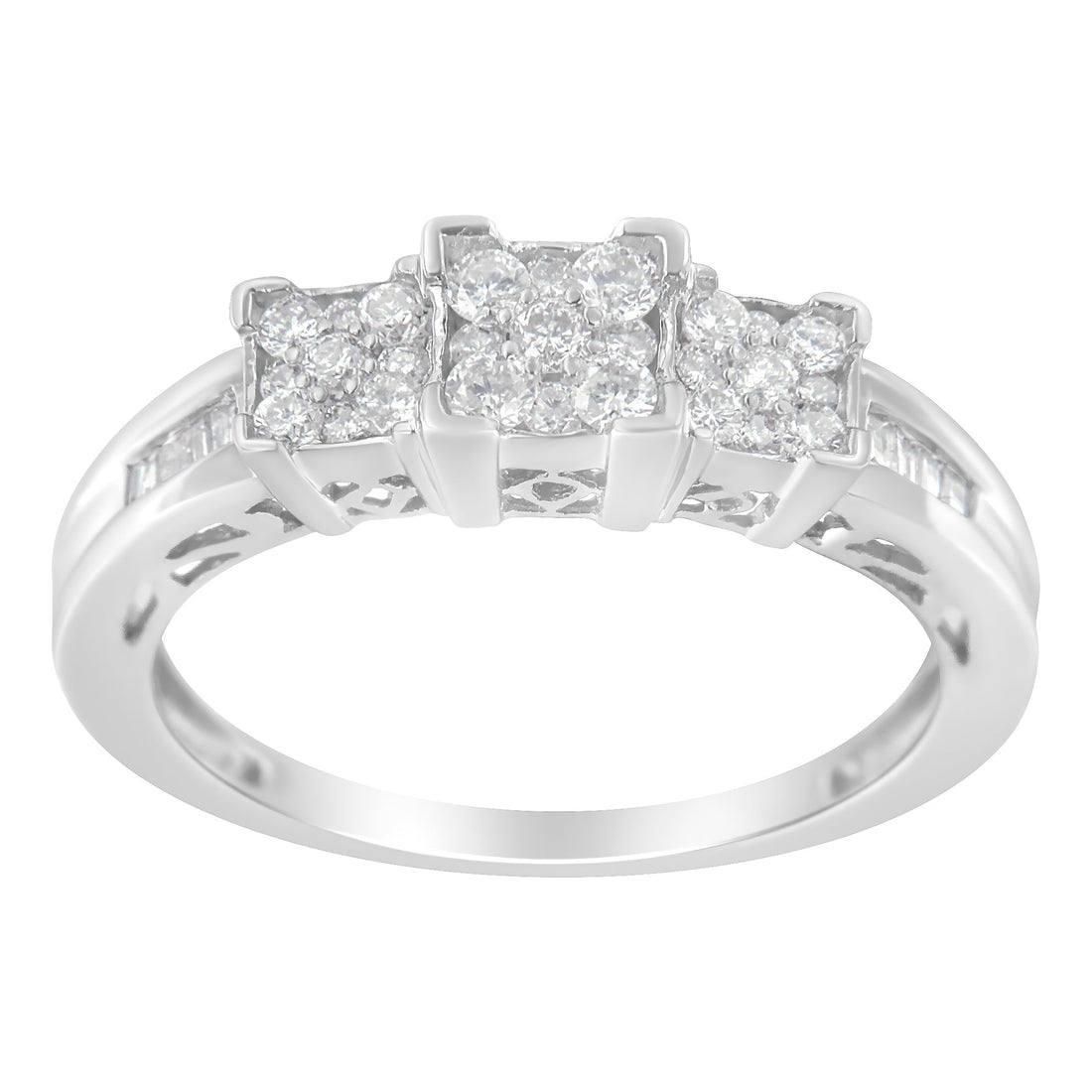 10K White Gold 1/2 Cttw Brilliant &amp; Baguette Cut Diamond 3 Stone Design with 3 Square Clusters Engagement Ring (H-I Color, SI2-I1 Clarity) - Size 6-3/4 by Bids.com