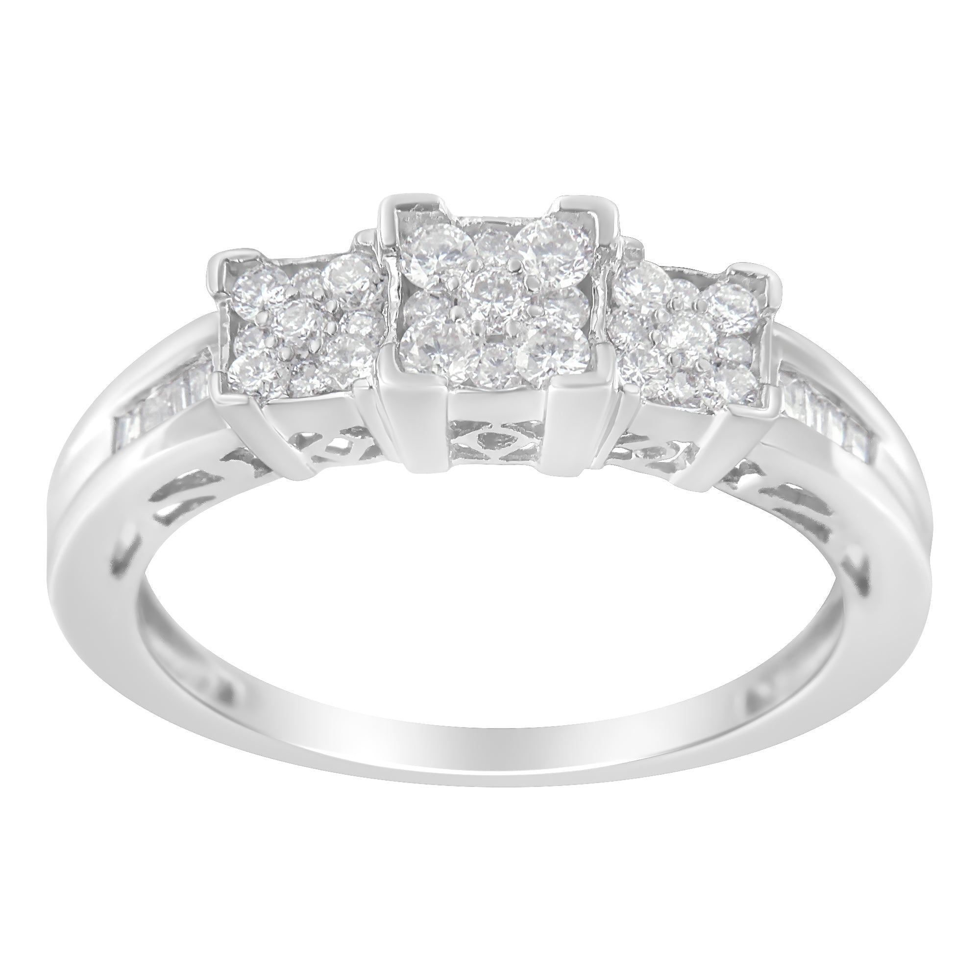 10K White Gold 1/2 Cttw Brilliant &amp; Baguette Cut Diamond 3 Stone Design with 3 Square Clusters Engagement Ring (H-I Color, SI2-I1 Clarity) - Size 6-3/4 by Bids.com