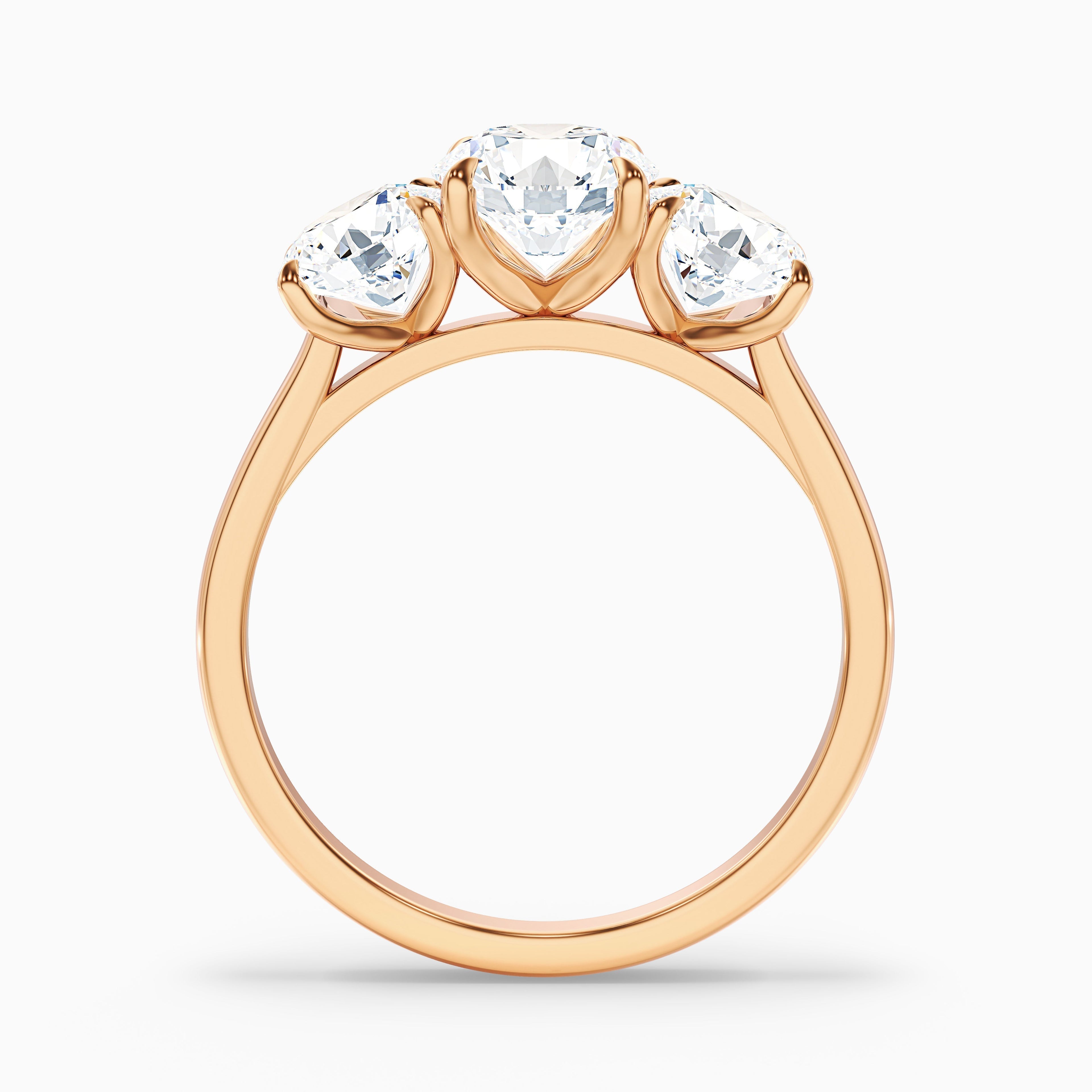 Iris 3 Carat Round Three Stone Moissanite Diamond Ring in 18k Rose Gold