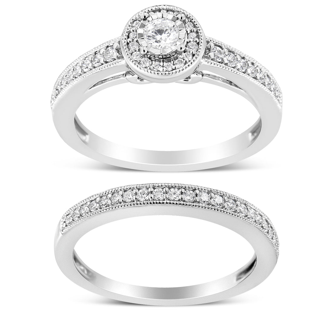 .925 Sterling Silver 1/2 Ctw Diamond Halo and Milgrain Engagement Ring Bridal Set (I-J Color, I3 Clarity) - Ring Size 7 by Bids.com