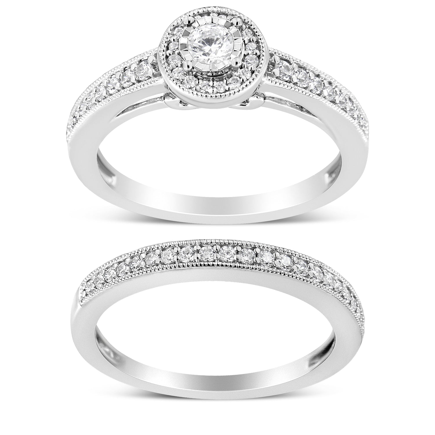 .925 Sterling Silver 1/2 Ctw Diamond Halo and Milgrain Engagement Ring Bridal Set (I-J Color, I3 Clarity) - Ring Size 7 by Bids.com