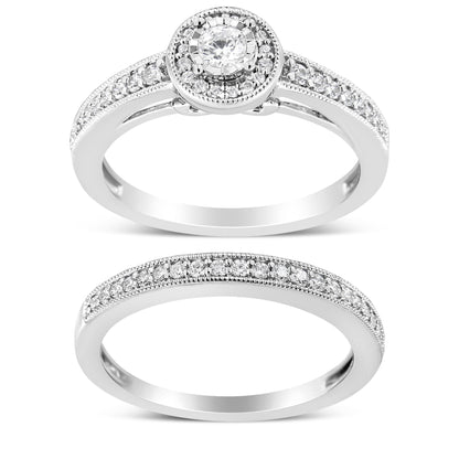.925 Sterling Silver 1/2 Ctw Diamond Halo and Milgrain Engagement Ring Bridal Set (I-J Color, I3 Clarity) - Ring Size 7 by Bids.com