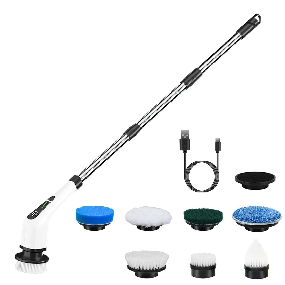 Electric Spin Scrubber Cordless Rechargeable Telescopic Cleaning Brush 8 Replaceable Heads 2 Speed Adjustable Extension Arm Bathroom Tub Tile Floor 