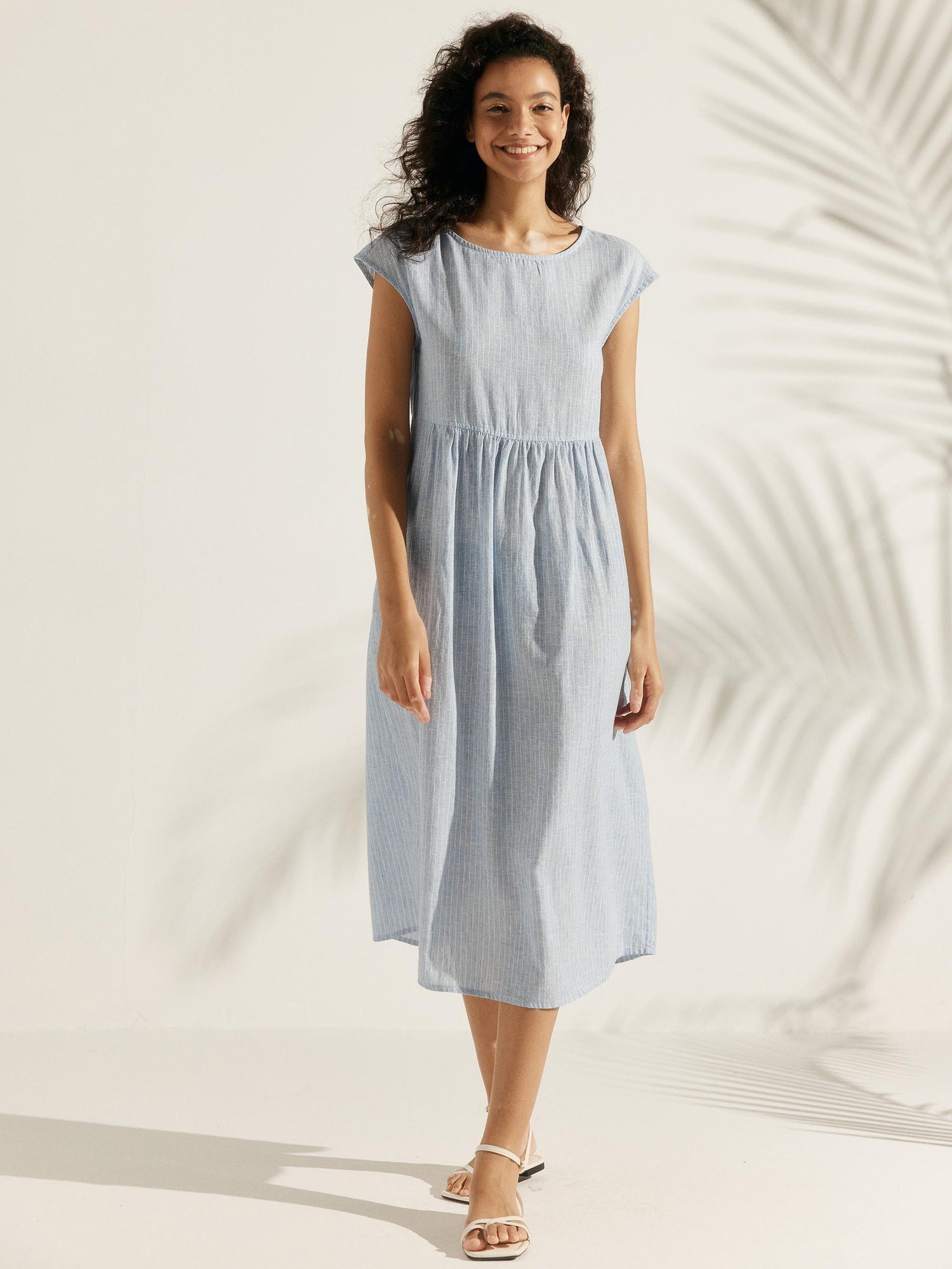 100% Linen Cap Sleeve Washed Midi Dress JOAN