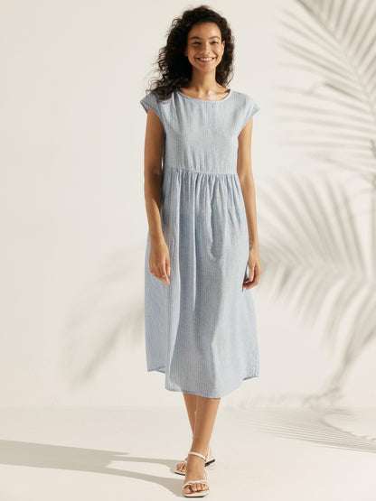 Linen Striped Cap Sleeve Washed Maxi Dress JOAN by LINTICO