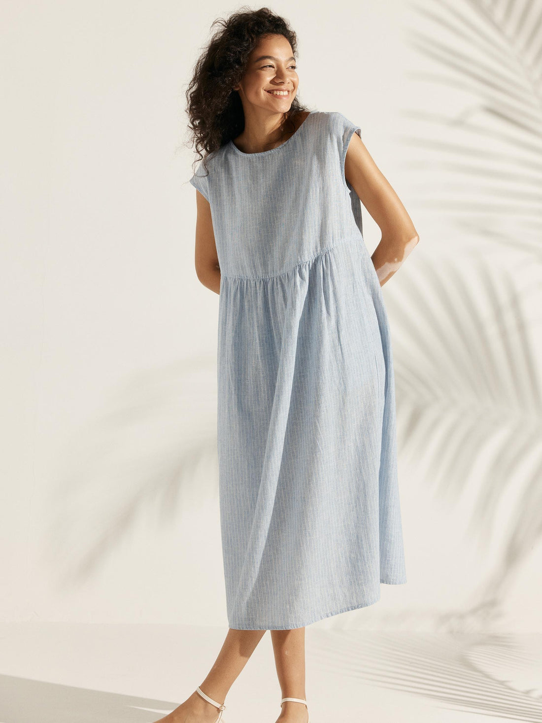 Linen Striped Cap Sleeve Washed Maxi Dress JOAN by LINTICO
