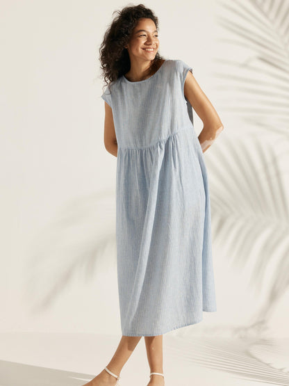 Linen Striped Cap Sleeve Washed Maxi Dress JOAN by LINTICO