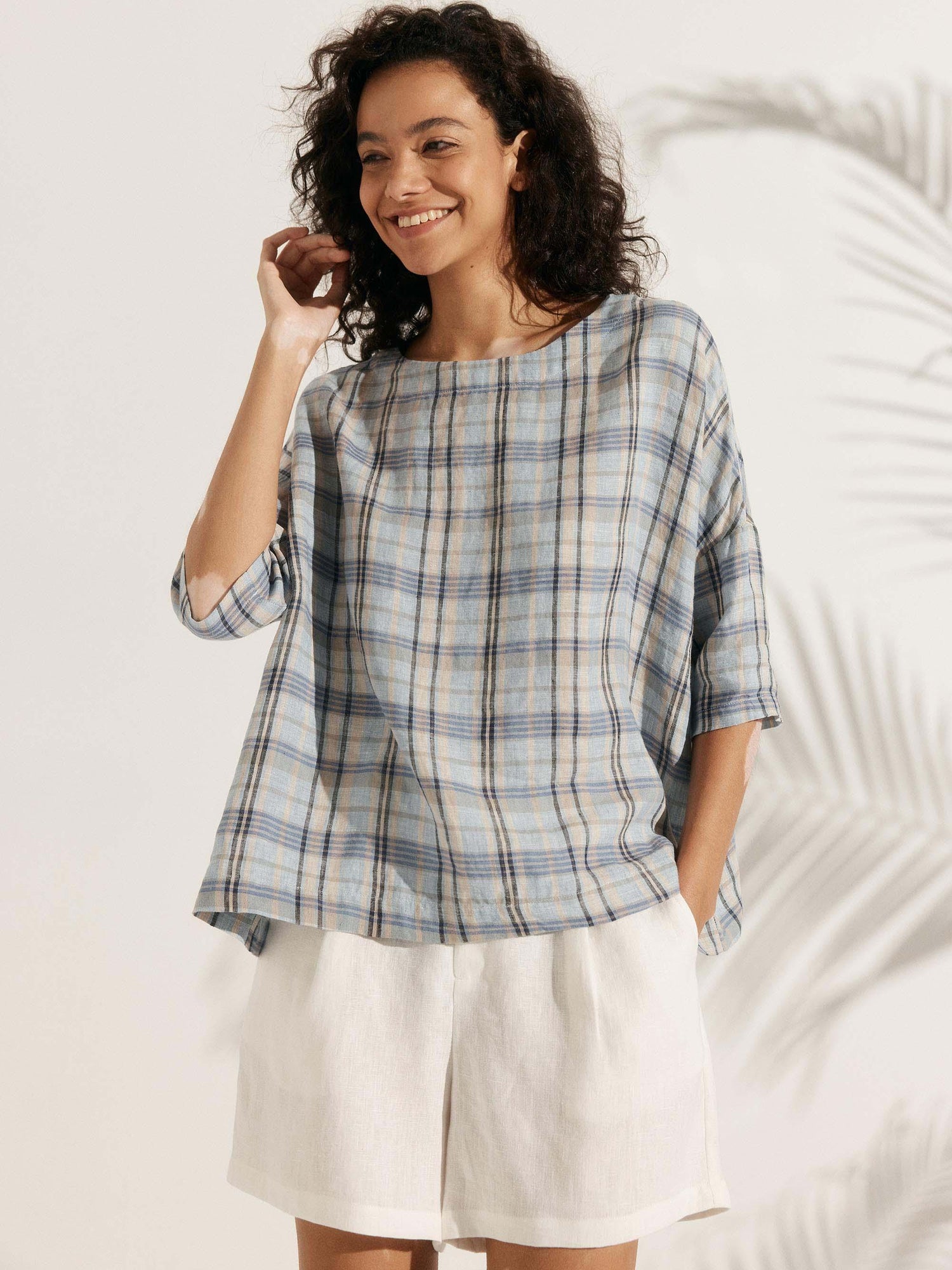 100% Linen Gingham Checked Boatneck 3/4 Length Sleeve Top AURORA by LINTICO