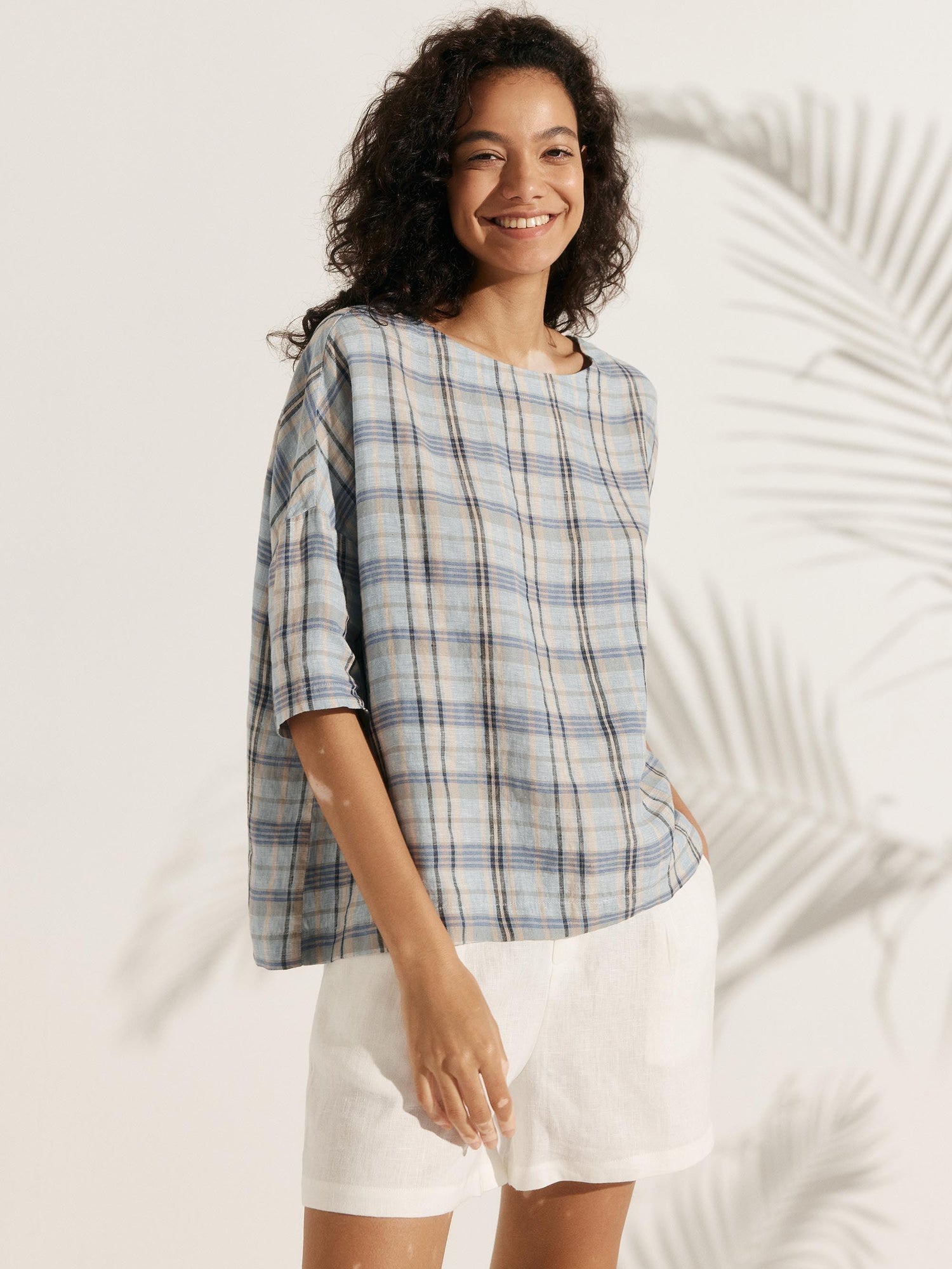 100% Linen Gingham Checked Boatneck 3/4 Length Sleeve Top AURORA by LINTICO