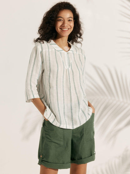 100% Linen Stripe Shawl V-Neck Half Sleeve Top by LINTICO