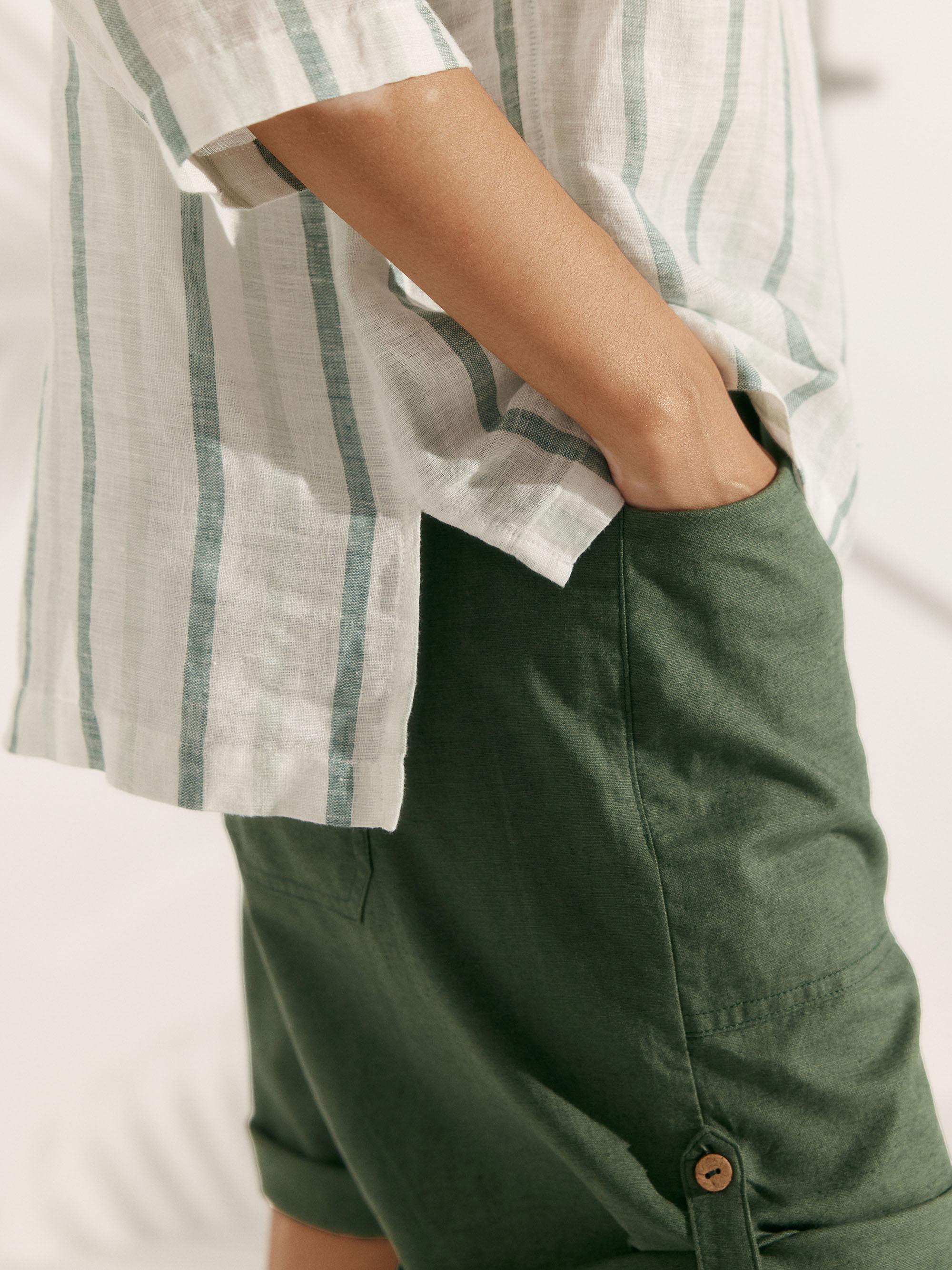 100% Linen Stripe Shawl V-Neck Half Sleeve Top by LINTICO