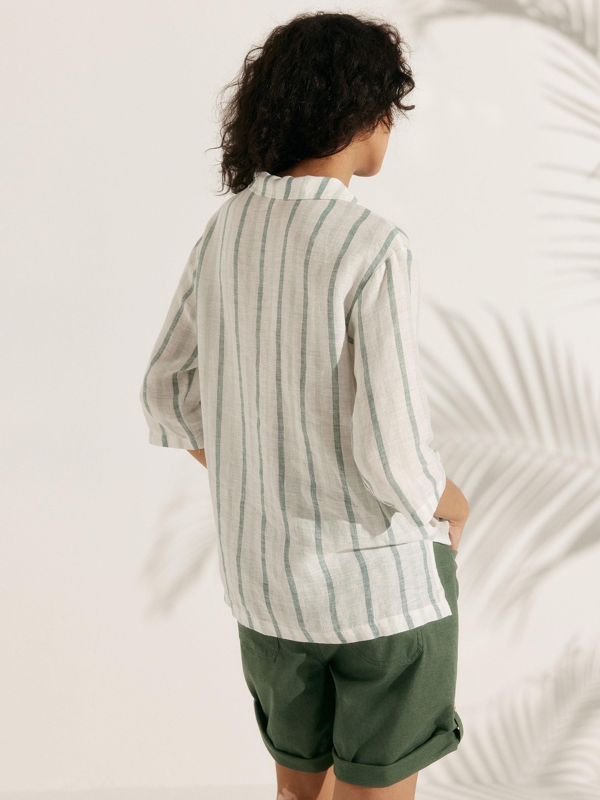 100% Linen Stripe Shawl V-Neck Half Sleeve Top by LINTICO
