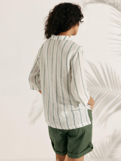 100% Linen Stripe Shawl V-Neck Half Sleeve Top by LINTICO