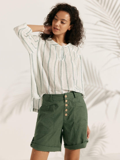 100% Linen Stripe Shawl V-Neck Half Sleeve Top by LINTICO