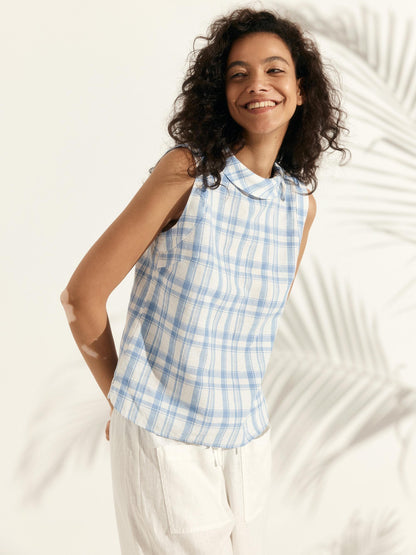 100% Linen Draped Collar Tank Top by LINTICO