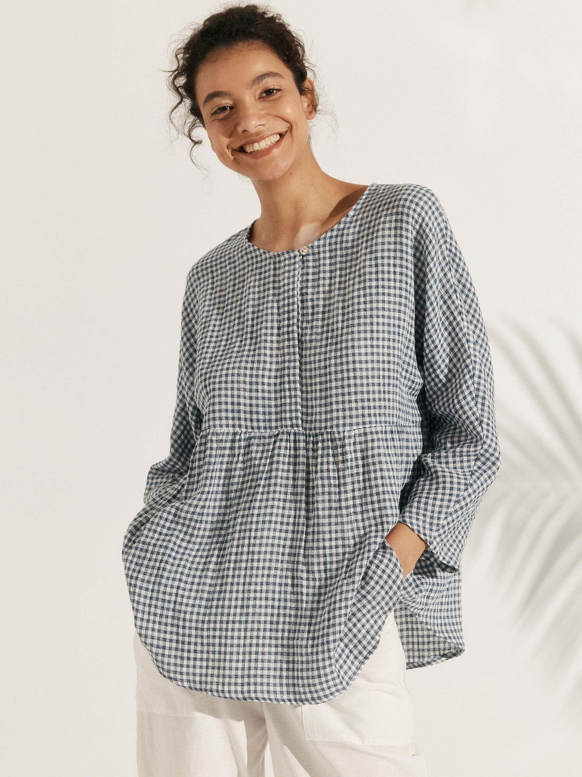 Linen Checked Long-Sleeved Top CAROLINE by LINTICO